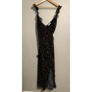 Rumored Womens Wrap Dress Medium Navy Floral Chiffon Ruffle High Low Sleeveless